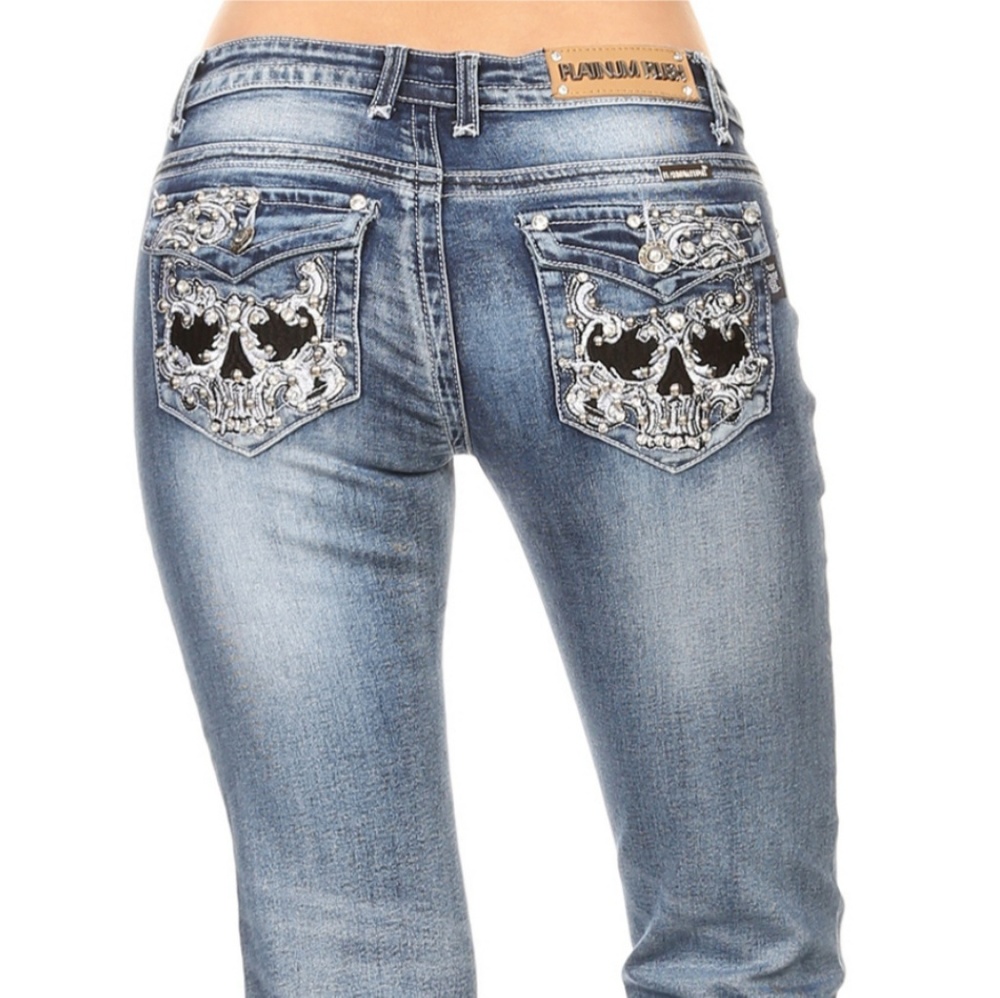 Boot Cut Embroidered Skull Biker Jeans - Picture 8 of 8